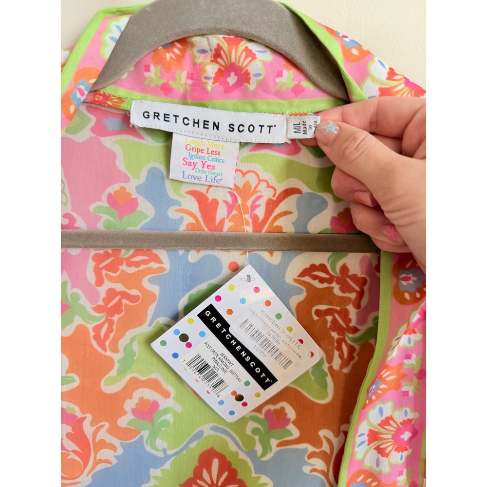 Gretchen Scott Poly Crepe Kimono Pink Lime Watteau Floral Duster ML New - Picture 3 of 6